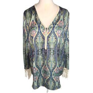 Boston Proper Top 10 Colorful Silky Paisley Print Fringe Trim Boho Festival